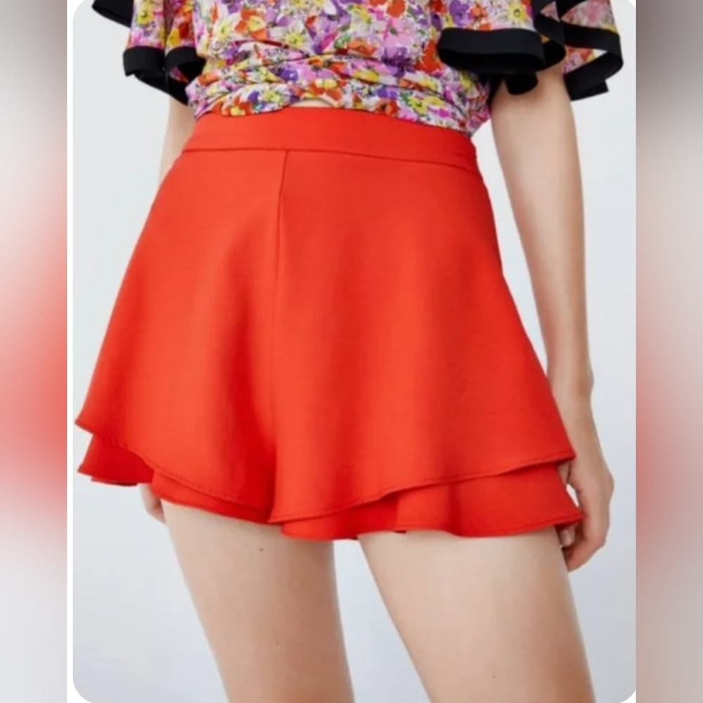 Zara Flirty Orange Hi-rise Tiered Ruffle Shorts Coquette Size S